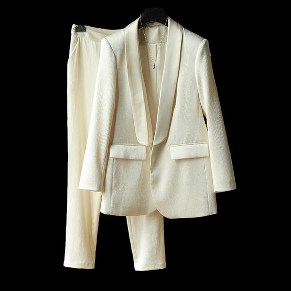 

women's two piece pants [ewq] 2021 autumn set embossed shawl collar single button blazer suit simple trend ladies clothing office 2-pie, White