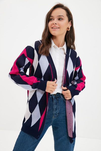 

women's jackets trendyol v-neck argyle knitwear cardigan tctaw22th0072, Black;brown