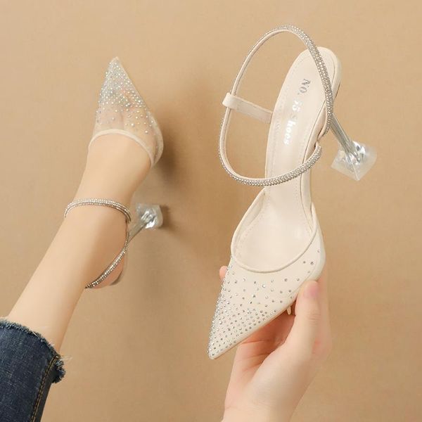 

transparent crystal shoes high heel sandals women pointed toe goblet heels summer shinny party woman pumps dress, Black