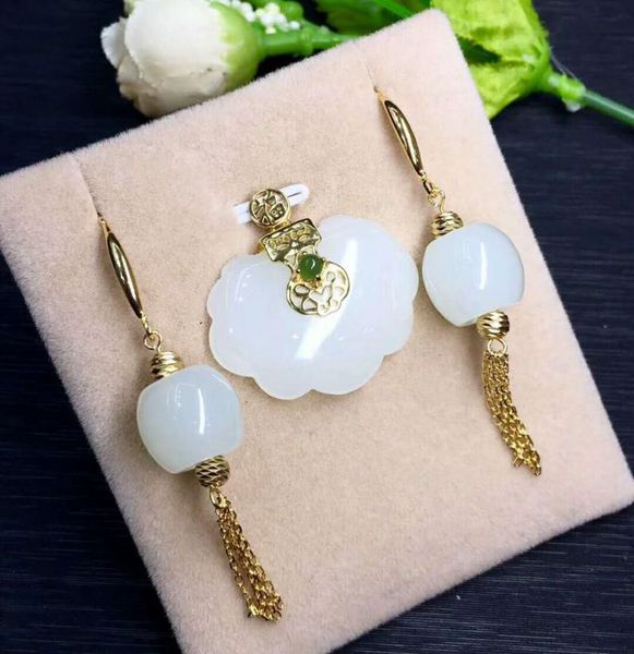 

bracelet, earrings & necklace hetian baiyu silver inlay set white ruyi three-piece h24#, Black