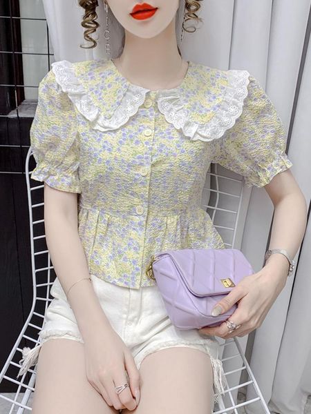 

women's blouses & shirts short sleeve 2021 summer french sweet baby collar floral shirt ruffle slim top, White