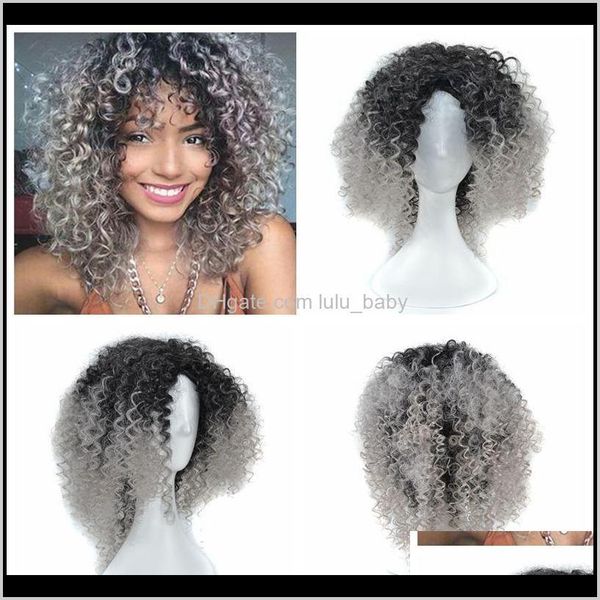 Zf Ombre Granny Grey Brown Blonde Afro Kinky Curly Weave Capelli corti per donne nere Doehd 7Yqgo