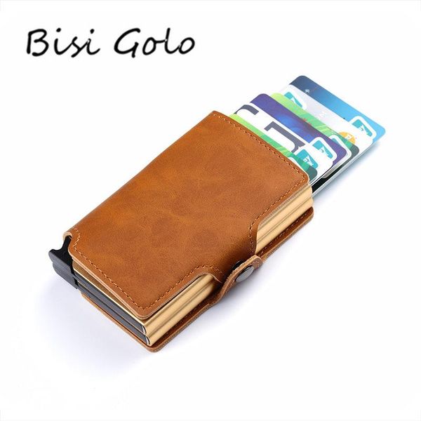 

card holders bisi goro id metal wallet business automatic holder men leather cases, Brown;gray