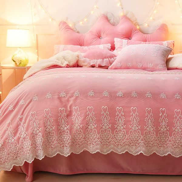 

bedding sets pink purple blue winter thick berber fleece lace princess set fabric cover duvet bed sheet/linen pillowcases