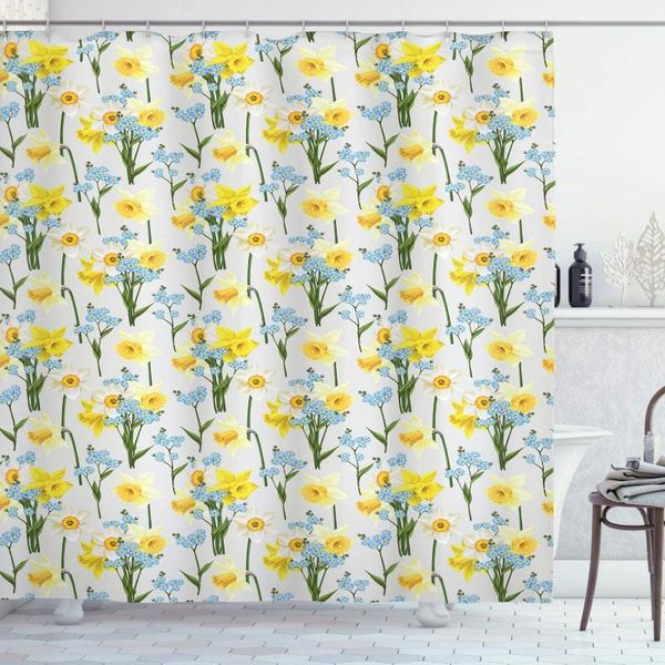 

shower curtains yellow blue daffodils curtain forget me not flowers and daffodil blossom leaf bouquet spring garden bath