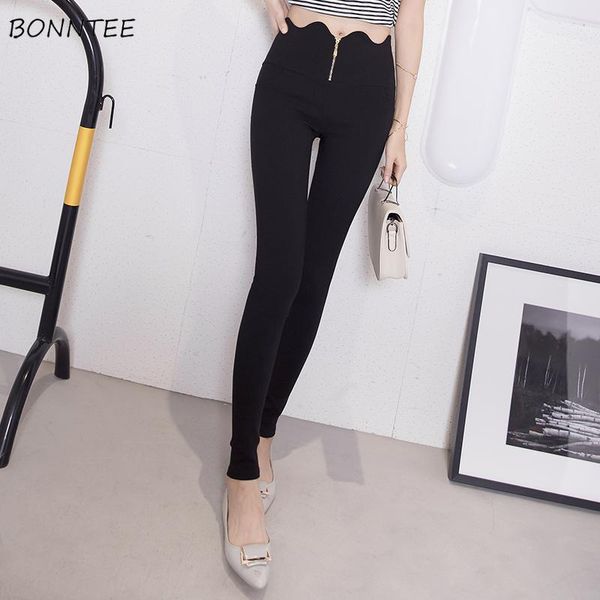 

women's pants & capris women chic solid leisure elegant slim korean elastic all-match womens outwear pant zipper trousers ladie, Black;white