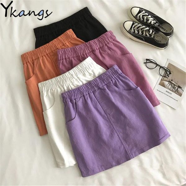 

skirts summer cotton solid color mini skirt women elastic high waist pocket loose a-line korean fashion casual anti-exhaust, Black