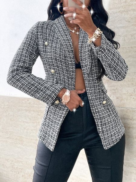 

tweed plaid double breasted overcoat 507d#, Black