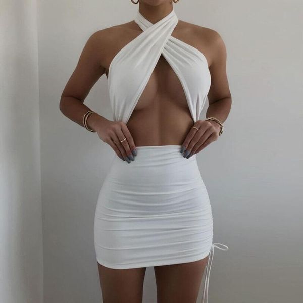 

bandage cross halter dress fashion slim sleeveless hollow out women clothing street lady tide mini dresses 2021, White