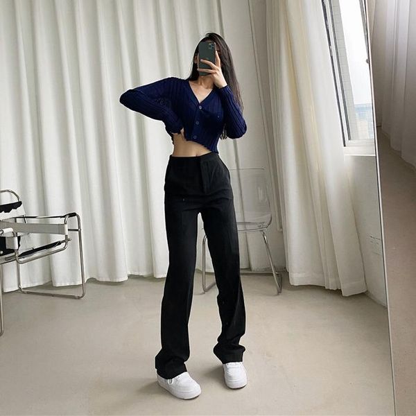 

women's pants & capris fashion black straight leg long casual summer suit high waist trousers, Black;white