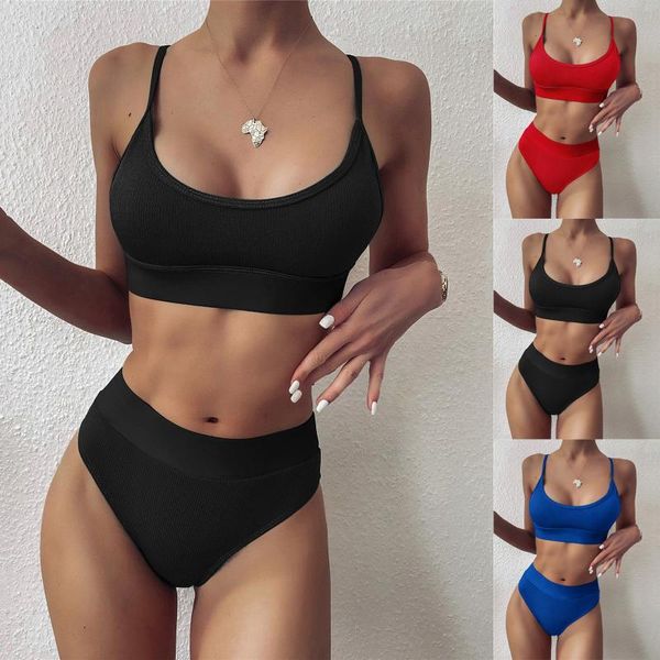 

women's swimwear 2021 solid brazilian bikini ribbed biquini strap swim bathing suits high waist bikinis women push up swimsuits, White;black
