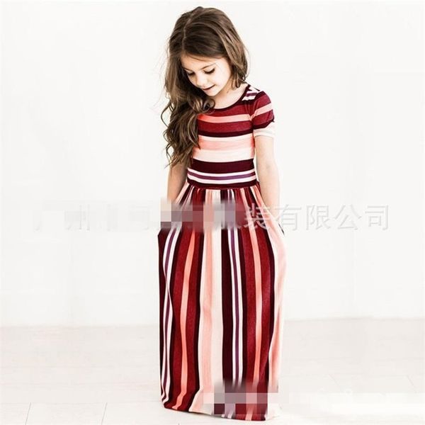 

lovely baby girl dress multi color striped circle neck short sleeve floor length skirt summer beach kids dresses clothes 17 5at l2, Red;yellow