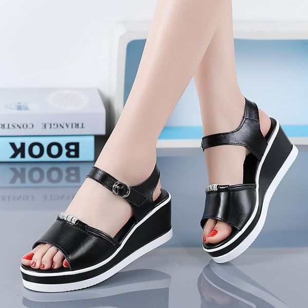 

women sandals cow leather wedge heel buckles female height increasing shoes casual light soft comfort fashion antiskid flats dress, Black