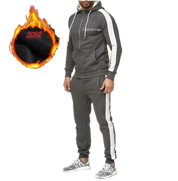 

men's tracksuits tracksuit men autumn winter thick warm 2 pieces hoodies sets male sweatshirt fleece sports suit brand clothing, Gray