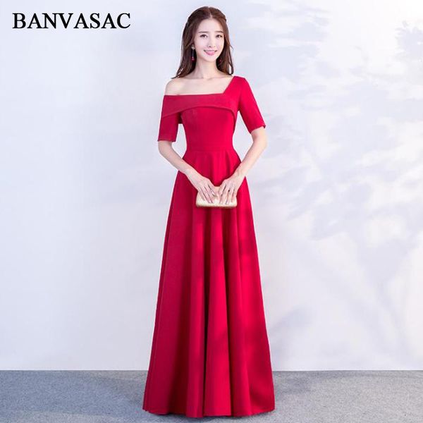 

party dresses banvasac 2021 a line satin short sleeve long evening elegant one shoulder sash zipper back prom gowns, White;black