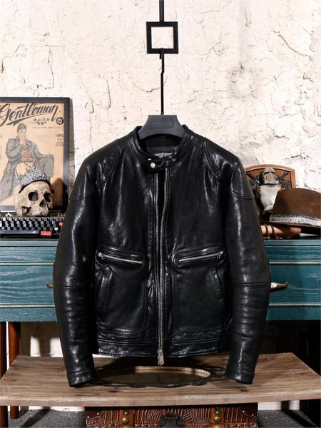 

men's leather & faux italy vegetable tanning sheep skin locomotive jacket men genuine clothes japanese-style, Black
