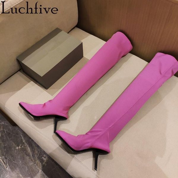 

boots fashion designer stretch women shoes slip on pointed toe high heel for fabric long female, Black