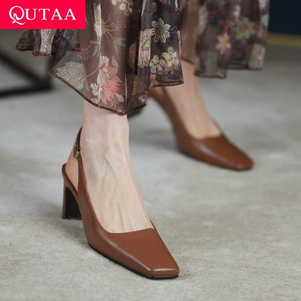 

slingback square high heel sandals back strap buckle women shoes genuine leather toe female pumps size 34-40 dress, Black