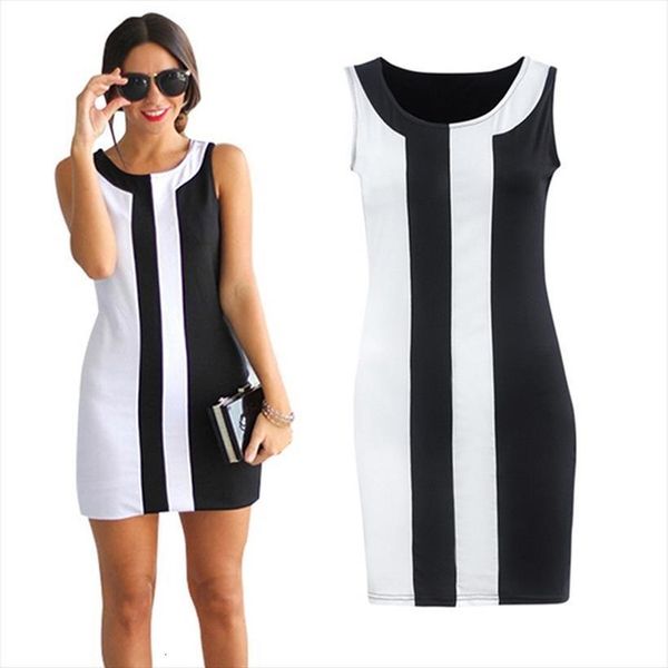 

summer fashion black womens dress white stitching o neck sleeveless office dresses vestidos plus size, Black;gray