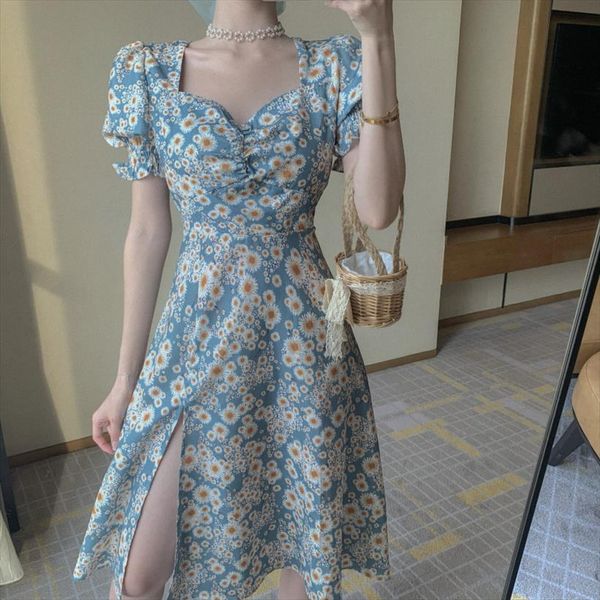 

korean chic vintage daisy womens dress print puff sleeve sundress robe femme high waist a line summer party vestidos, Black;gray