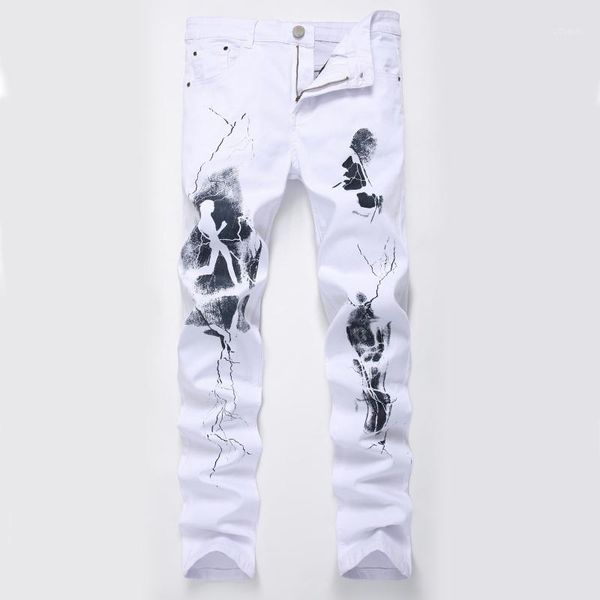 

men's jeans mid-waist washed frayed trousers, thin footwear, spring and autumn ripped holes ankle length white printed, Blue