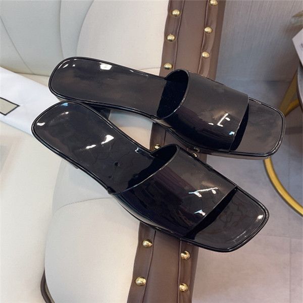 

2022 designer women slippers thick bottom sandals chunky rubber slides platform alphabet lady slipper bright leather heel sandal fashion bea, Black
