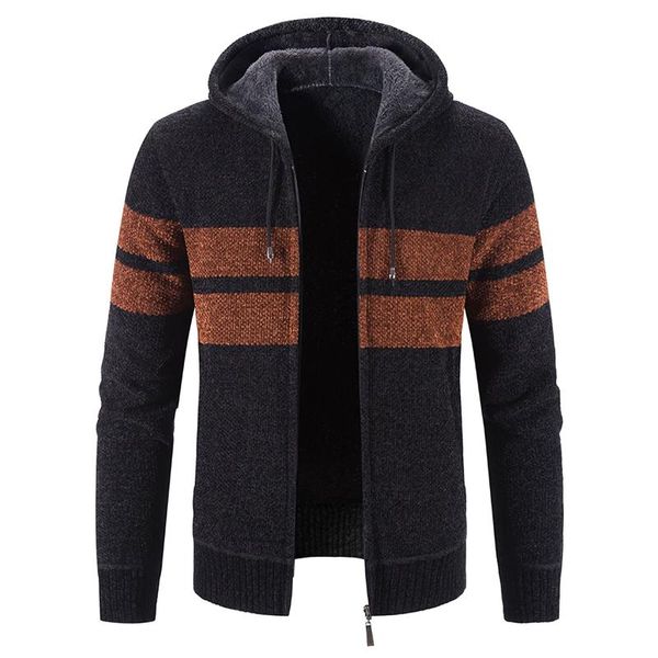 

men's jackets warm 2021 winter long sleeved cotton plus velvet hooded zipper sweater knitwear cardigan fleece coat male, Black;brown