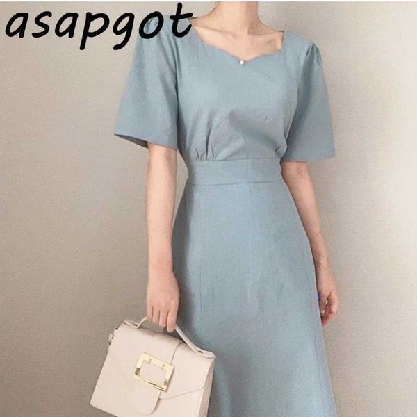 

chic korean elegant temperament solid slim short sleeve square neck bandage dress women waist summer vestido retro casual 210610, Black;gray