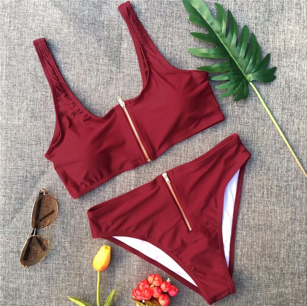 

2021 high waist zipper bikini set women swimsuit push up sport swimwear summer beachwear bathing suit maillot de bain femme