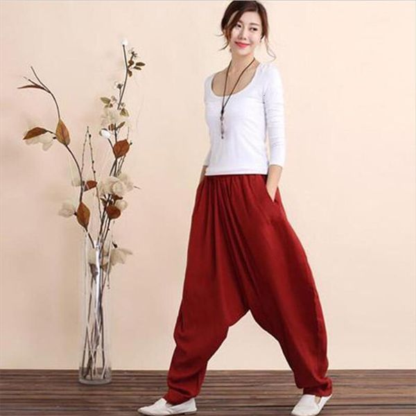 

harem cotton linen loose solid womens capris elastic waist plus size  5xl 6xl length soft trousers black red, Black;white