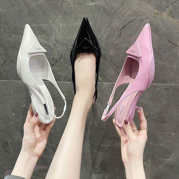 

sandals single shoes ladies 2021 triangle buckle high heels summer stiletto, Black