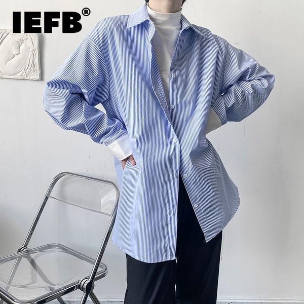 

men's casual shirts iefb 2021 men's korean streetwear contrast color culong sleeve shirt autumn loose blue striped oversized, White;black