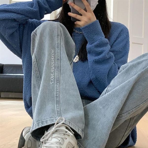 

jeans women's loose straight pants spring korean high waist thin versatile student embroidery wide leg pants[delivery within, Blue