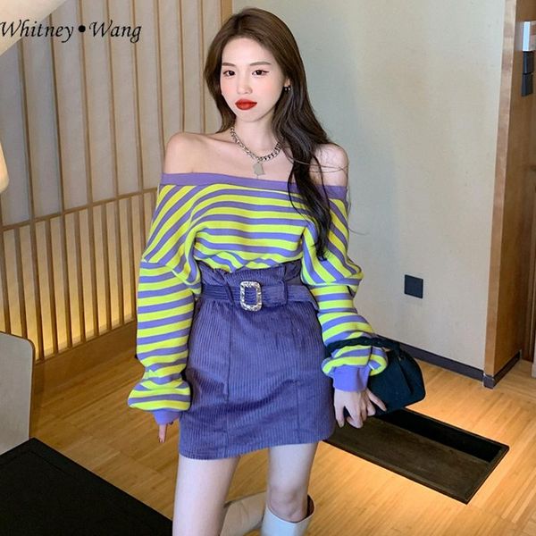 

sweatshirts 2021 spring fashion streetwear colors contrast slash neck striped sweatshirt women hoodies pullover women's, Black