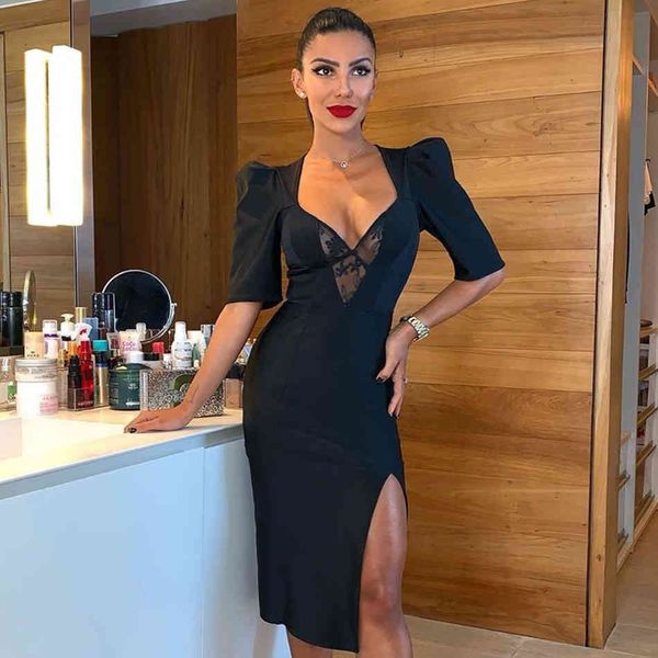 

dressesadyce 2021 new summer black lace bandage women short sleeve v neck midi celebrity evening party club vestidos, Black;gray