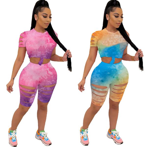 

summer women jogger suits plus size 2xl tie dye outfits ripped tracksuits short sleeve t shirts+short pants two piece set sportswear casual, Gray
