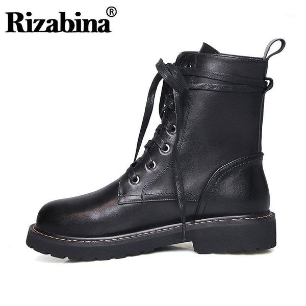 

boots rizabina real leather women cross strap winter shoes style ankle office lady street footwear size 34-421, Black