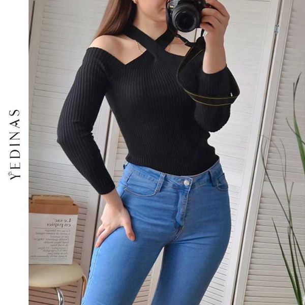 Yedinas Kadın T-Shirt Seksi Kulübü Moda Kadın T-shirt Uzun Kollu Kapalı Omuz Lady Tshirt Halter Parti Gece Tee Gömlek Mujer 210527