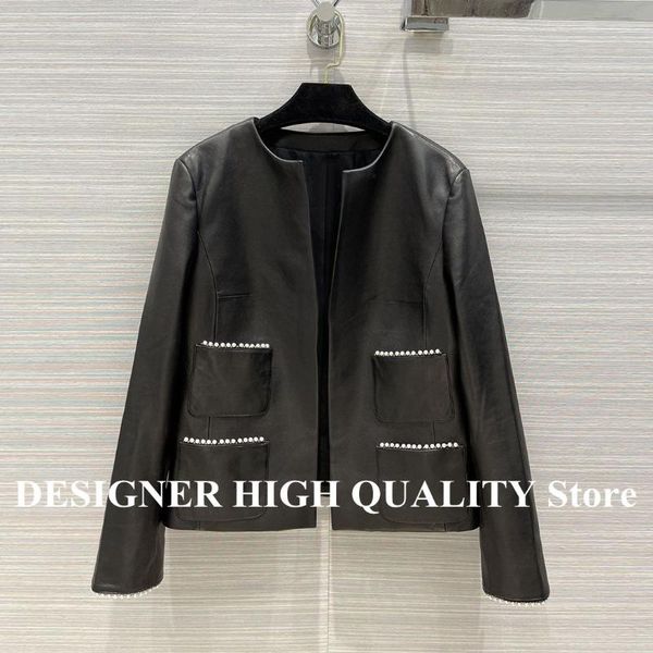 

women's leather & faux luxury 100% sheepskin jacket women brief o-neck diamonds pearls beading pockets black genuine retro runway brand