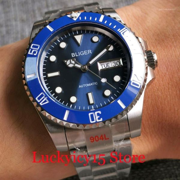 

wristwatches sunburst blue nh36a weekday date men watch selfwinding movement brushed glide lock oyster band ceramic insert, Slivery;brown