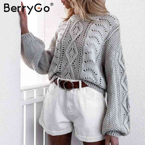 

berrygo hollow out knitted sweater women lantern sleeve female autumn pullover sweaters o-neck winter casual ladies jumpers 210513, White;black