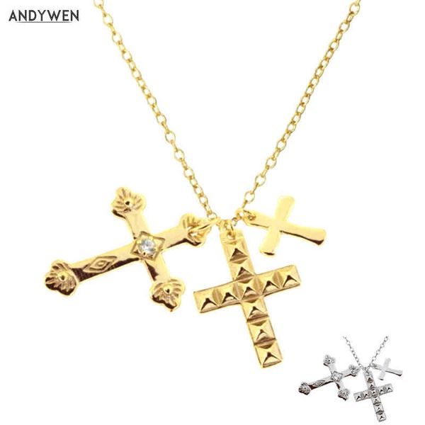 

andywen winter 925 sterling silver gold three cross pendant charm long chain necklace fashion fine jewelry
