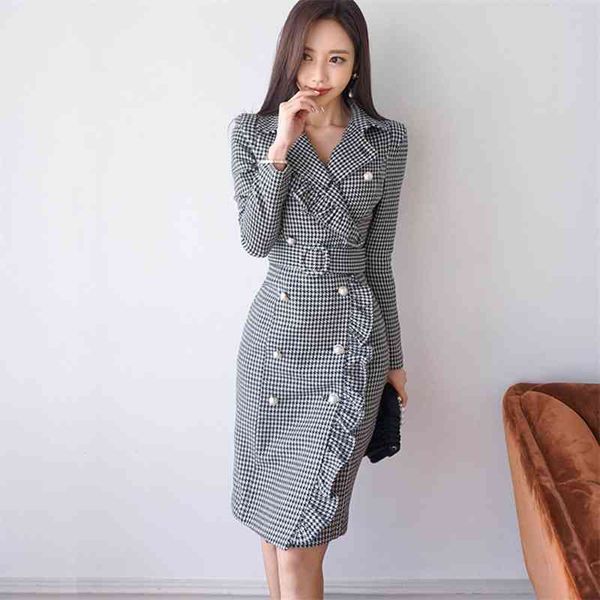 

fashion runway winter dress women double breasted temperament ruffle vintage elegant houndstooth vestidos 210520, Black;gray