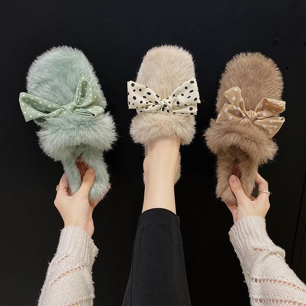 

slippers fur shoes cover toe flat winter footwear low luxury slides butterfly-knot flock plush designer with fashion basic b, Black