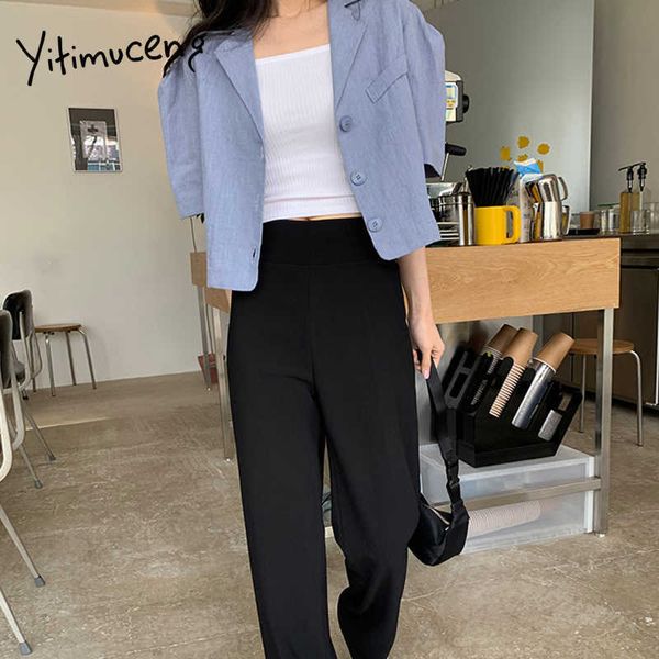 

yitimuceng office lady blazer women suit button up casual short puff sleeve unicolor apricot blue jacket summer fashion 210601, Black;brown