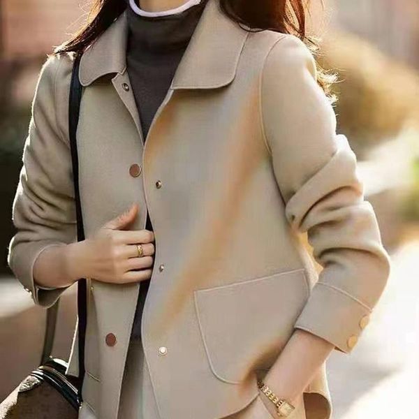 

women's wool & blends autumn and winter temperament commuter short woolen coat korean version solid color lapel loose, Black