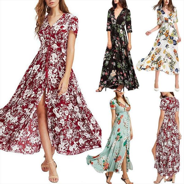 

party beach bohemian vintage flower women dresses leaf print v neck big swing maxi dress, Black;gray