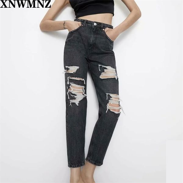 ZA High Waist Jeans Frau American Apparel Loch Damen Jeans Street Style Mode Hosen Torn Denim 210322