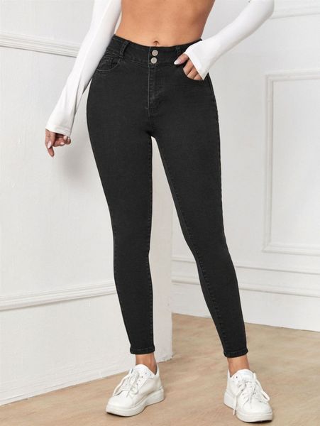 

button detail skinny jeans l6d4#, Blue