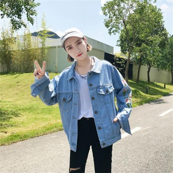 

women's jackets 2021 spring and autumn korean loose was thin embroidered flowers wild students denim short coat, Black;brown